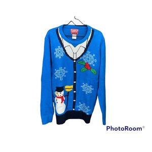 Jem Women's Faux Button Down Ugly Christmas Sweater Size XL Blue Snowman Tacky